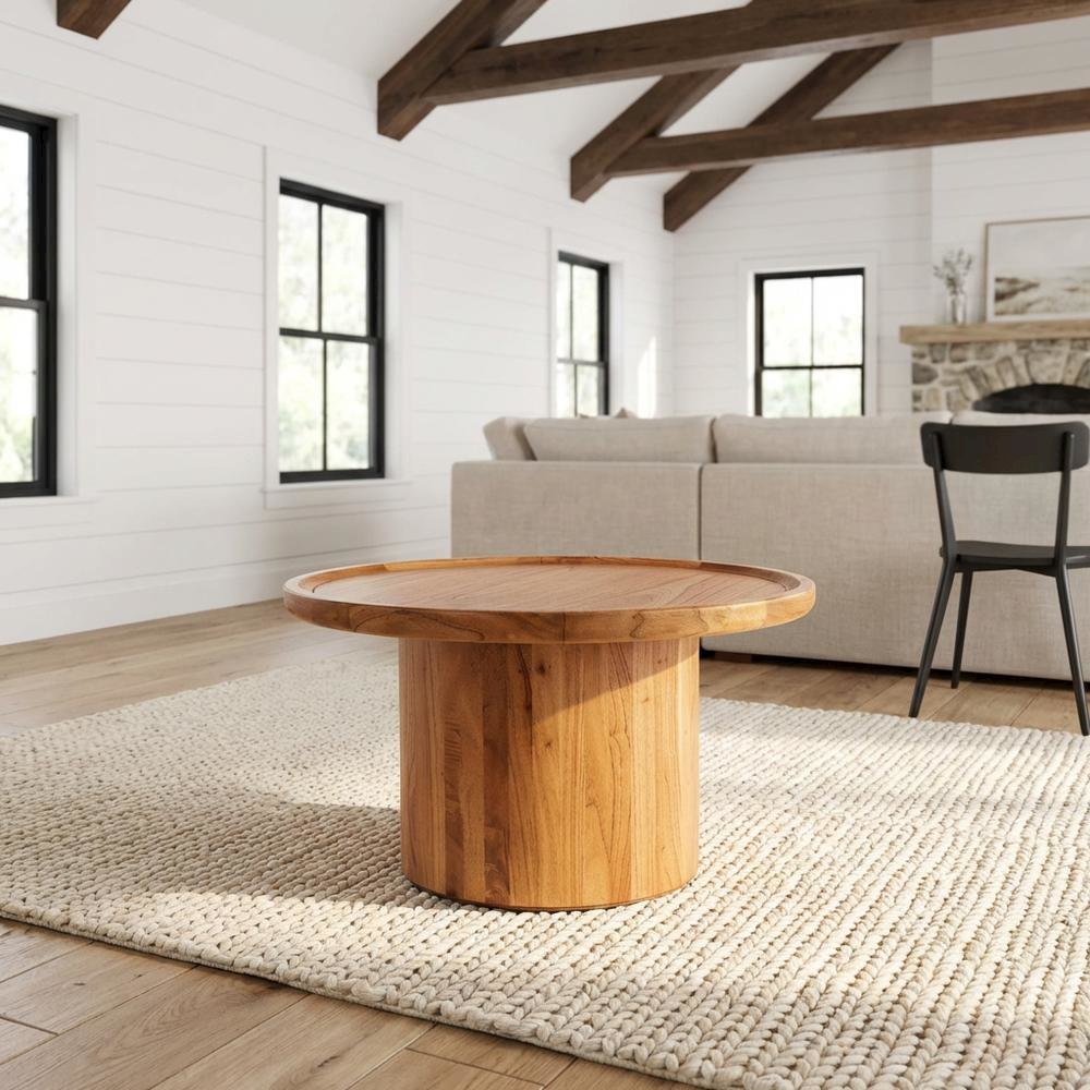Natural Brown Round Pedestal Coffee Table with Wooden Frame
