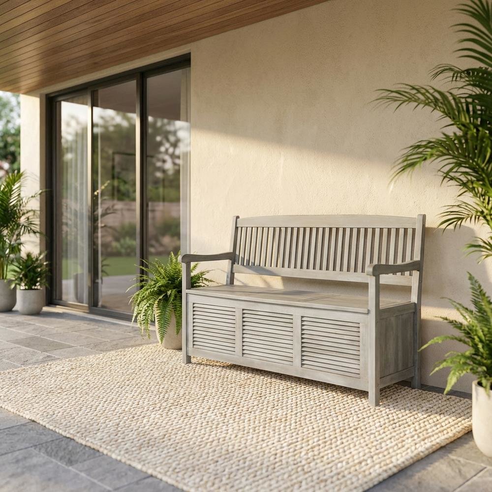 Outdoor Storage Bench In Grey Acacia With Galvanized Steel Frame