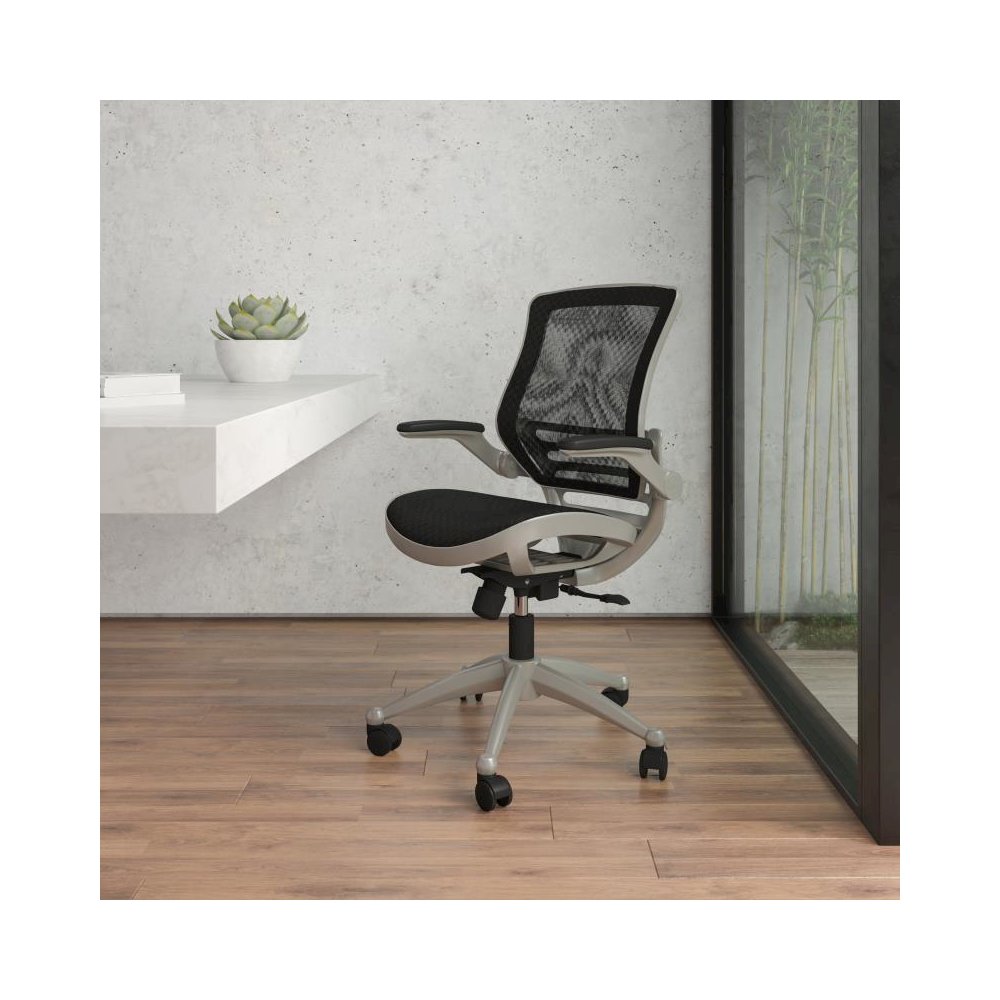 Mid-Back Transparent Black Mesh Executive Swivel Office Chair with Graphite Silver Frame and Flip-Up Arms