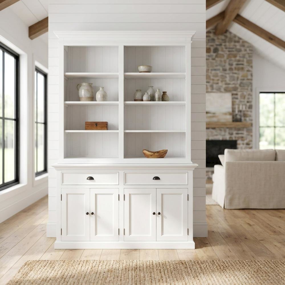 Mahogany and MDF Buffet Hutch with Drawers, Doors, and Open Shelving