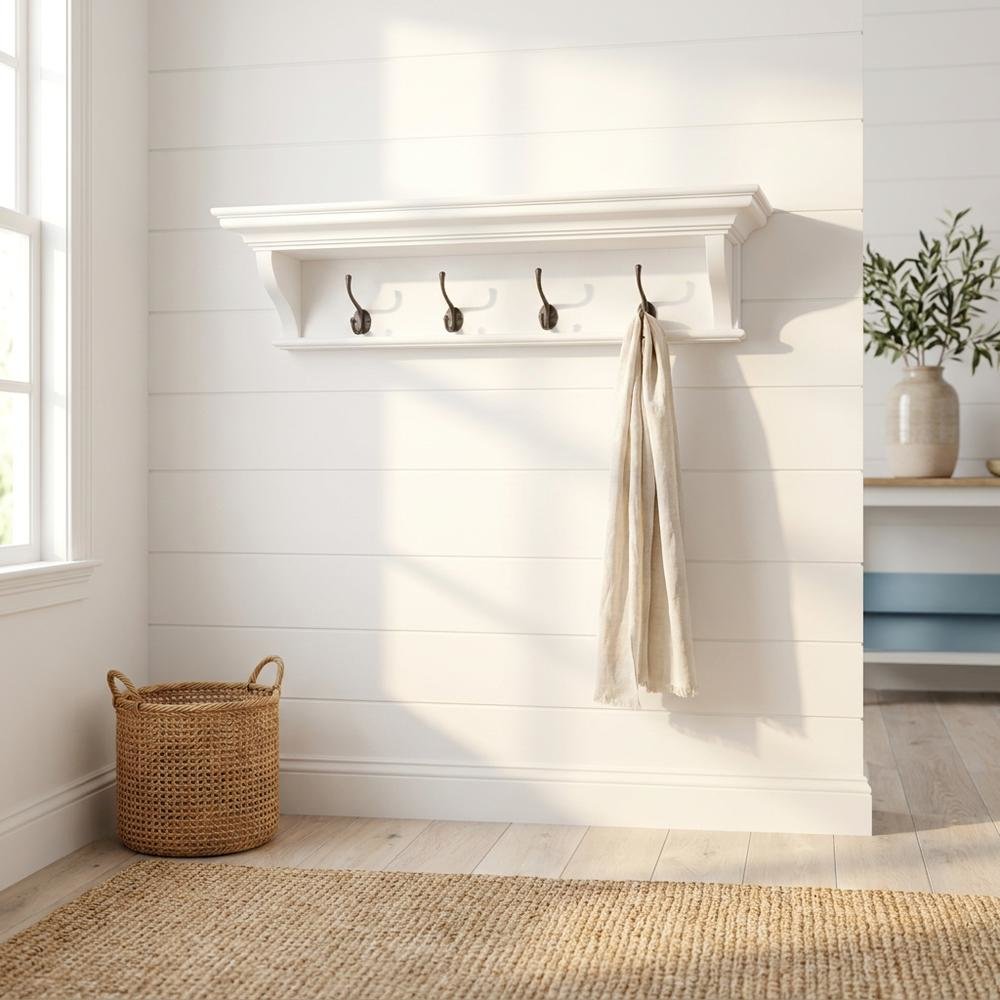 Mahogany and MDF Wall Coat Rack with Hat Shelf and Antique Brass Hardware