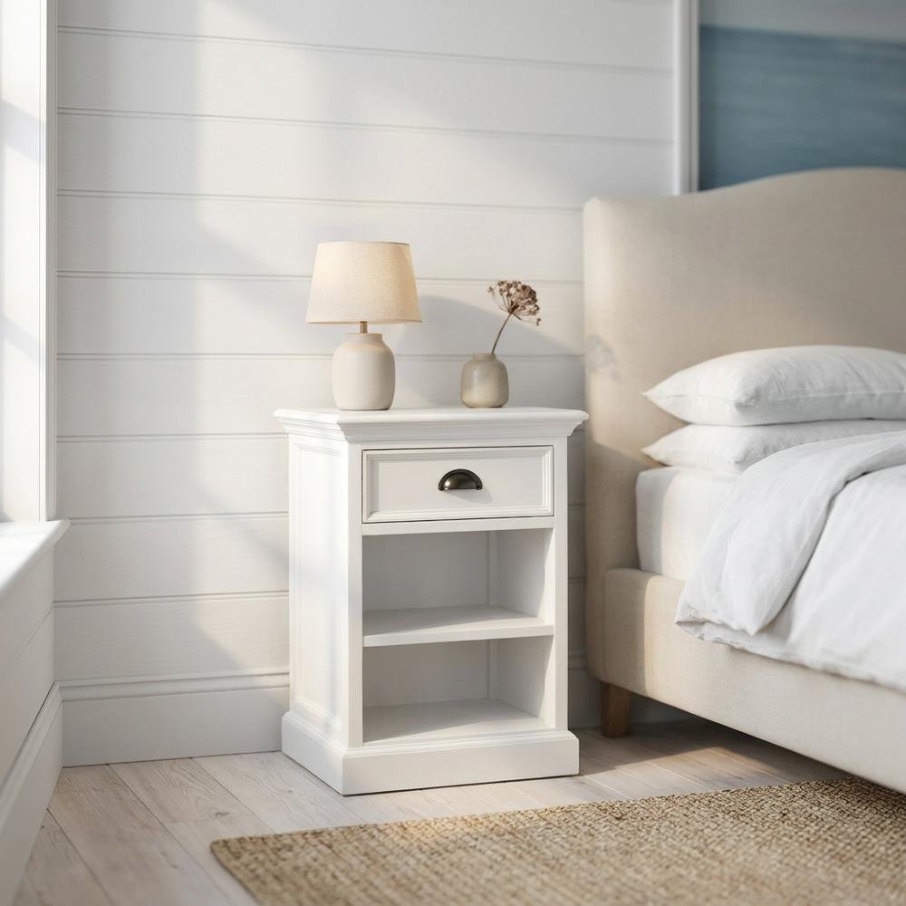 Mahogany Bedside Table with Drawer and Open Shelves, Antique Brass Hardware