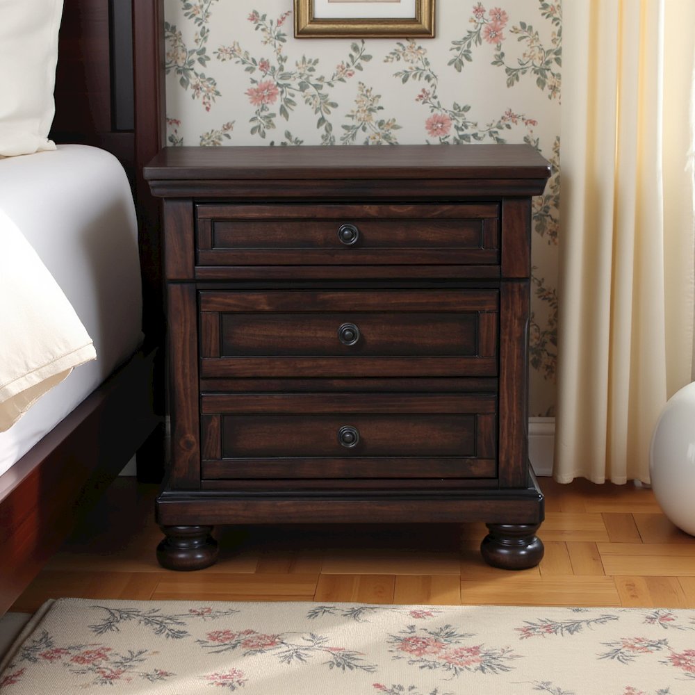 Wooden Nightstand with USB, Cherry Veneer, and Dark Metal Finish Knobs