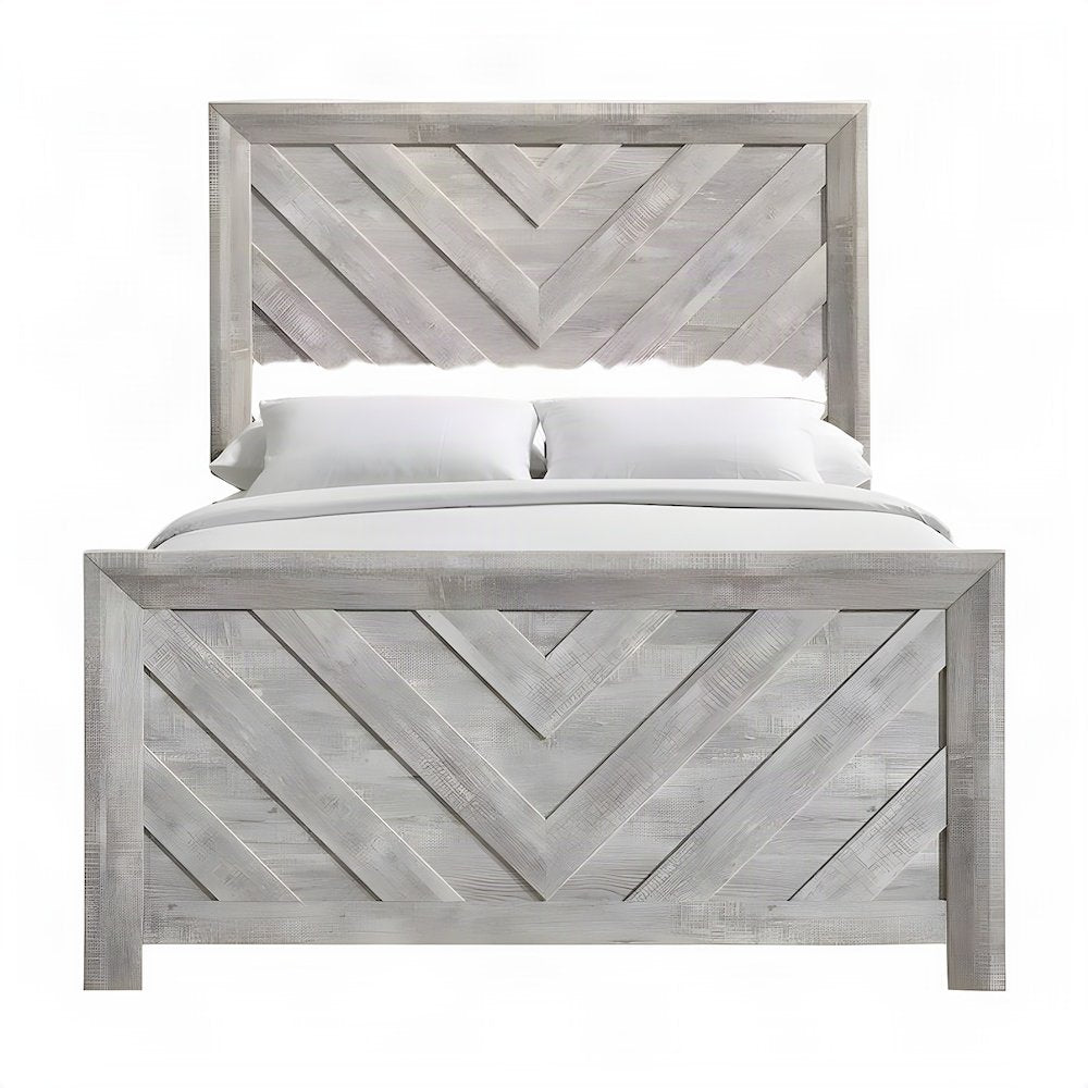 Full Size Wood Panel Bed Frame with Tall Headboard, Farmhouse Style, White