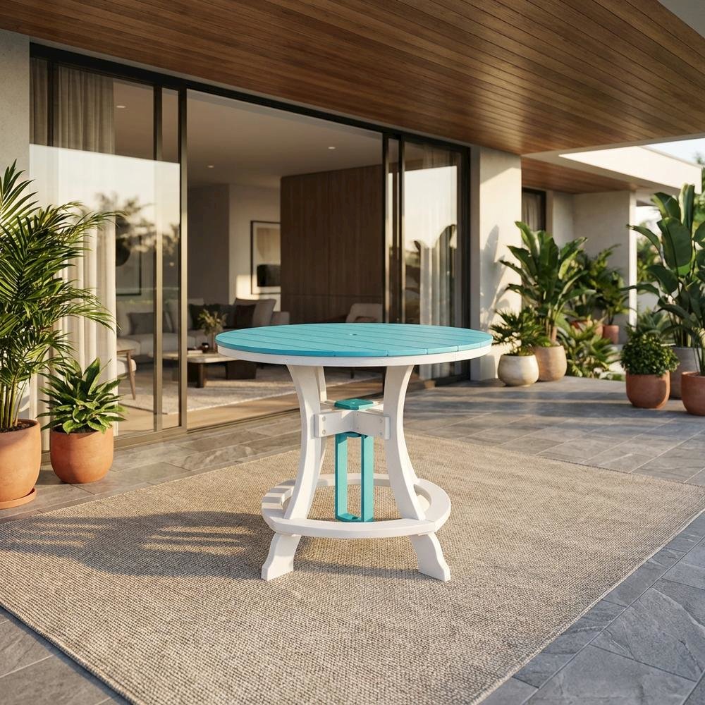 Round Counter Height Table, Aruba Blue Finish, White Base, Outdoor Dining