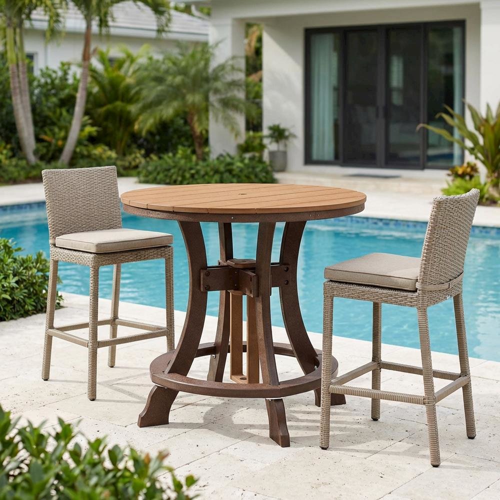 Round Counter Height Dining Table In Cedar With Tudor Brown Finish, Outdoor Use