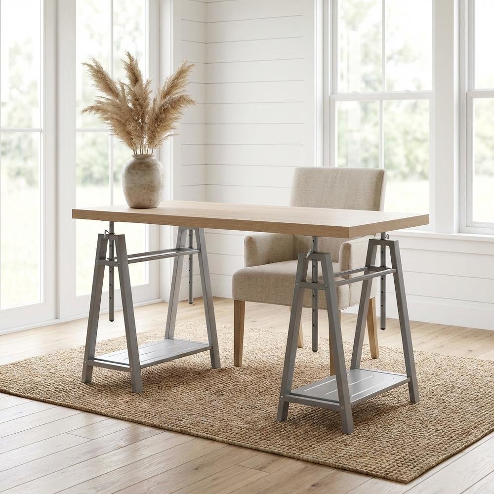 Adjustable Height Desk, Metal Base, Outdoor Finish, Cross Hatch Birch, Durable