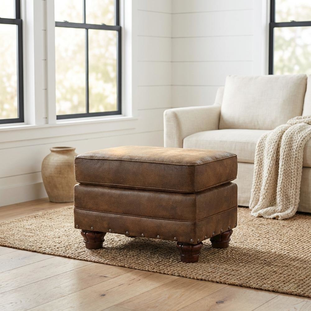 Brown Ottoman with Wooden Frame and Upholstered Top for Stylish Comfort