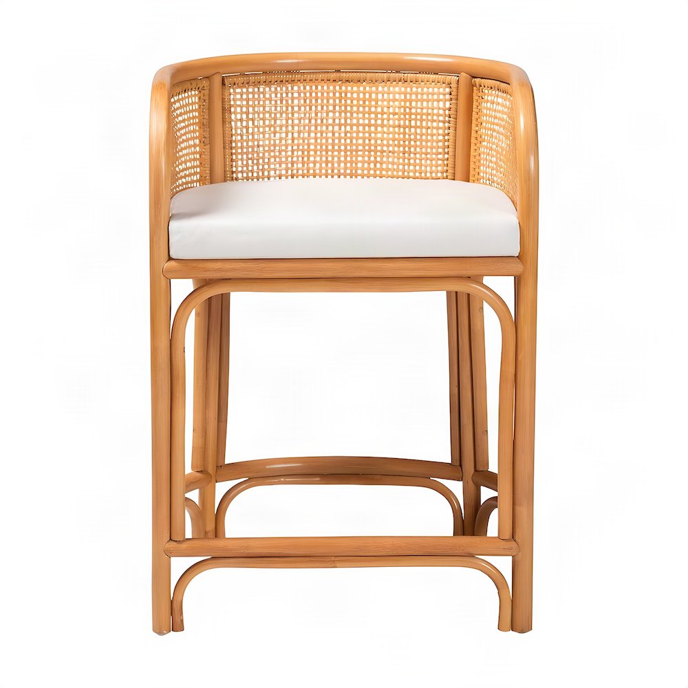Rattan Counter Stool with Fabric-Upholstered Seat, Boho Barstool, Light Honey