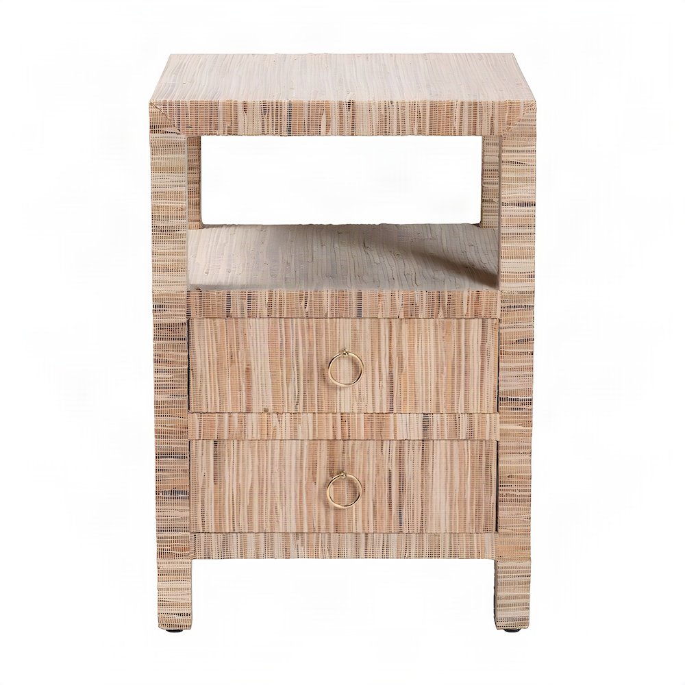 Water Hyacinth Grasscloth Nightstand, 2-Drawer Boho Bedside Table, Natural