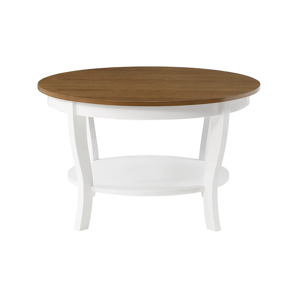 Elegant Brown Round Coffee Table with Shelf, MDF Solid Rubberwood Veneer