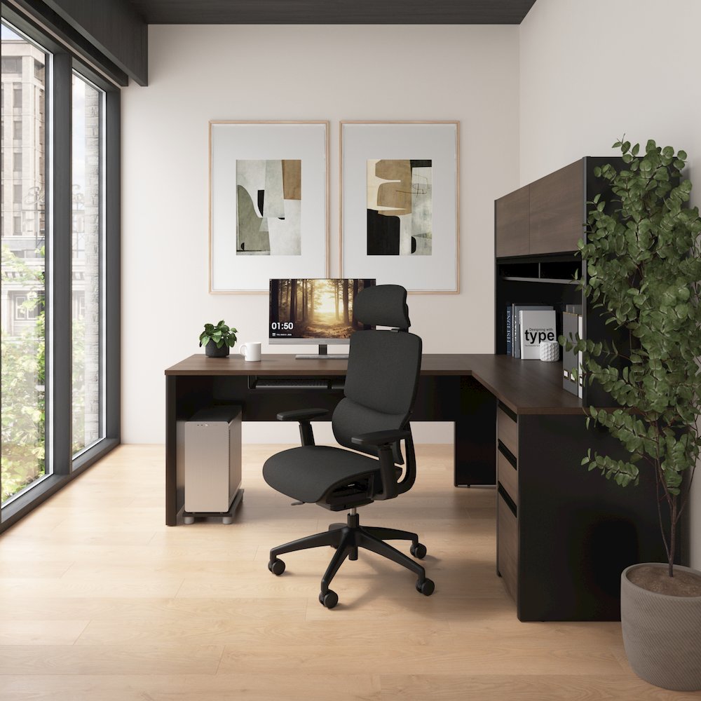 72W L-Shaped Desk with Hutch and Pedestal