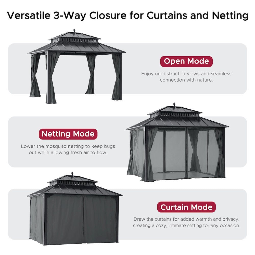 12 ft x 10 ft Hardtop Gazebo with Steel Roof, Grey Aluminum Frame - Extra-Tall