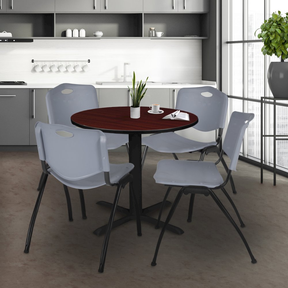 Small 30 in. Round X-Base Breakroom Table- Mahogany & 4 M Stack Chairs- Grey