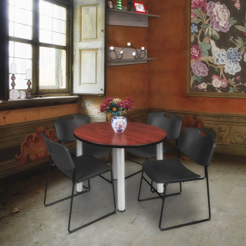 36 in Round Breakroom Table- Cherry Top, Chrome Legs, 4 Zeng Stack Chairs- Black