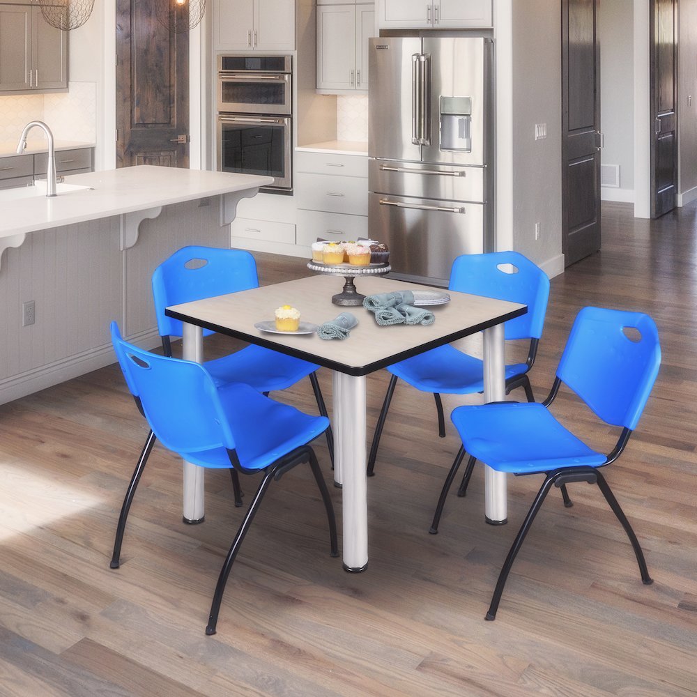 42 in Square Breakroom Table- Maple Top, Chrome Legs, 4 M Stack Chairs- Blue