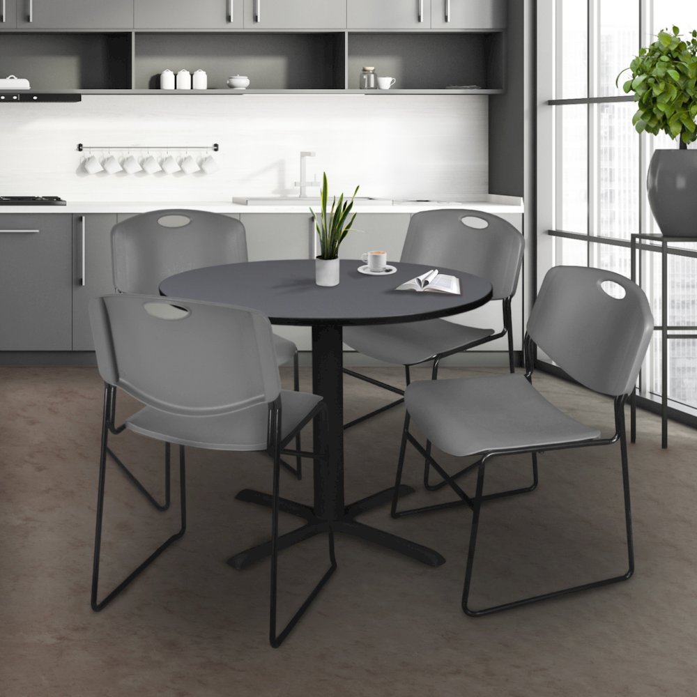 42 in. Round X-Base Breakroom Table- Grey & 4 Zeng Stack Chairs- Grey