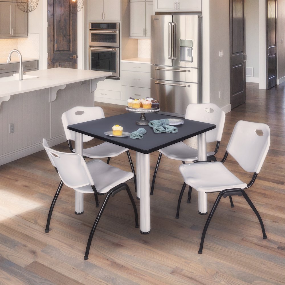 48 in Square Breakroom Table- Grey Top, Chrome Legs, 4 M Stack Chairs- Grey