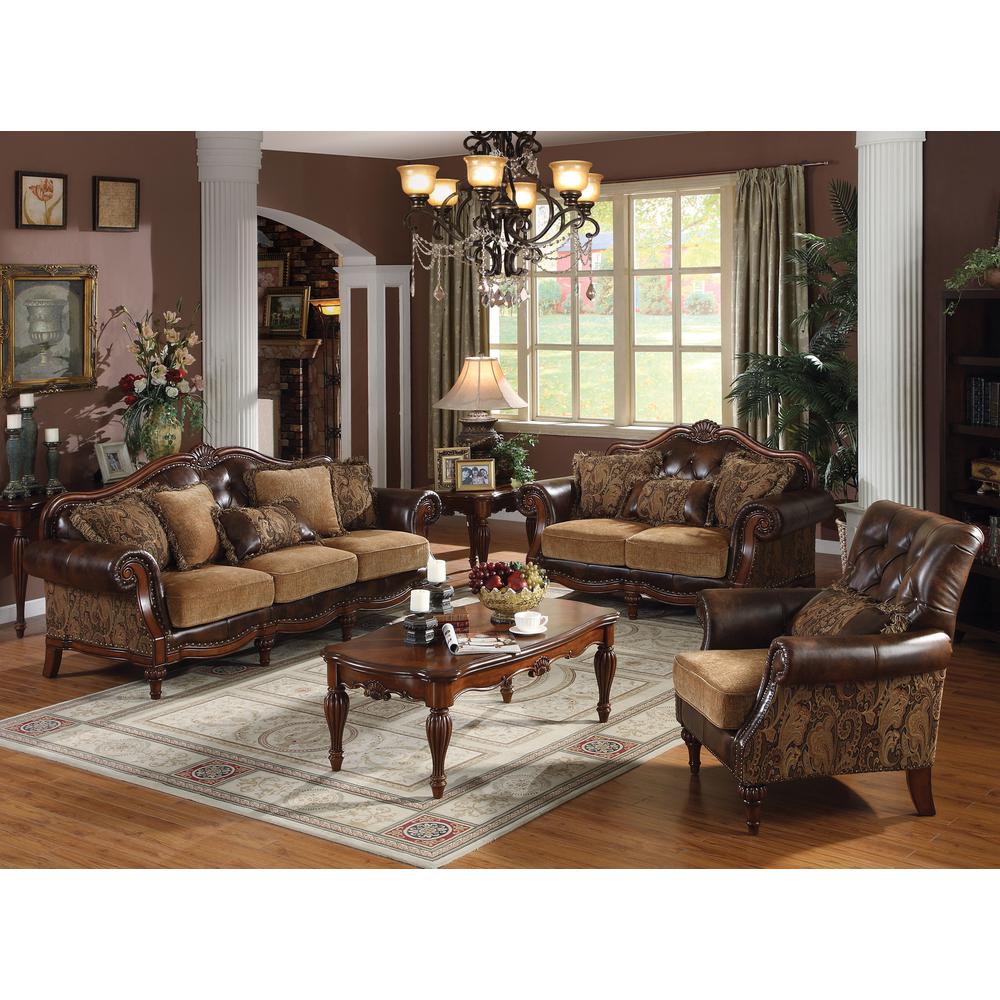 Dreena Sofa w/5 Pillows, Two Tone Brown Leatherette & Chenille