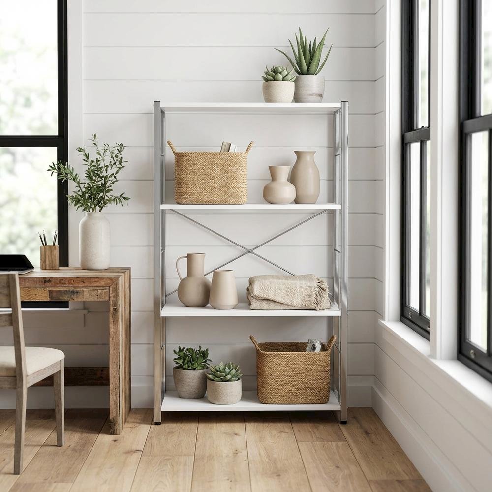 White bookcase with sleek chrome details and modern design