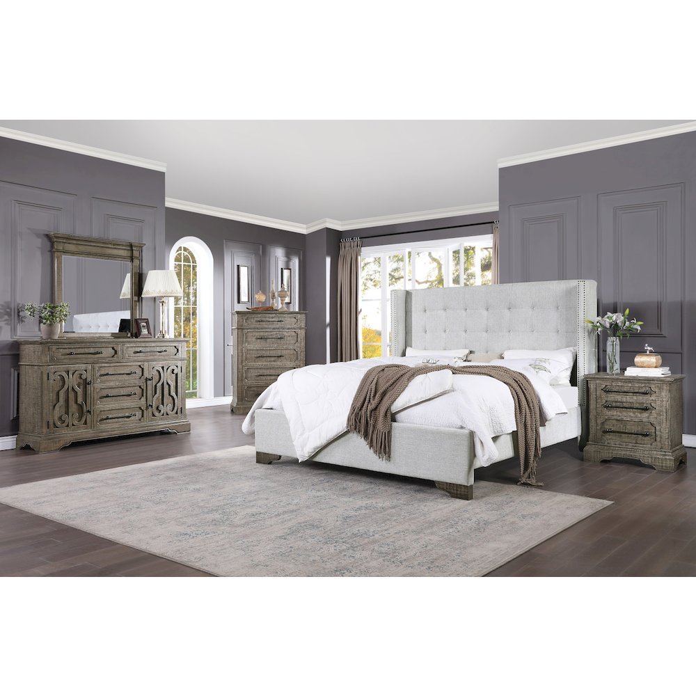 Artesia Queen Bed, Tan Fabric & Salvaged Natural