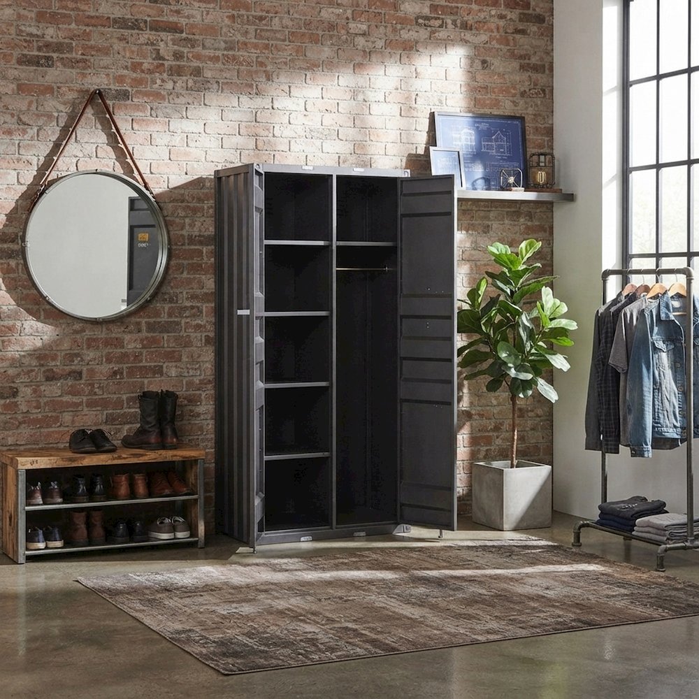 FurniFact Metal Wardrobe with Industrial Steel Frame and Door, Gunmetal
