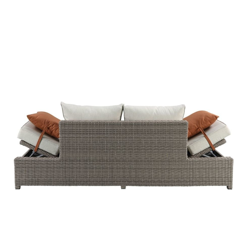 Salena Patio Sofa w/2 Pillows & Ottoman, Beige Fabric & Gray Wicker