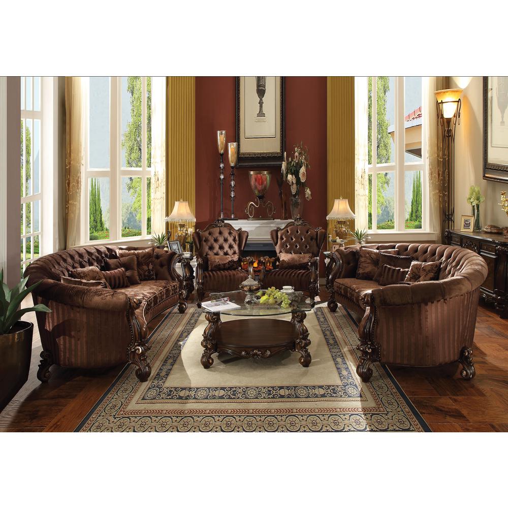 Versailles Sofa w/5 Pillows, Brown Velvet & Cherry Oak