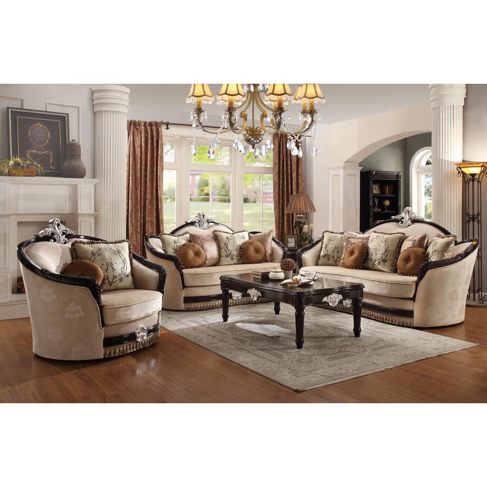 Ernestine Sofa w/7 Pillows, Tan Fabric & Black
