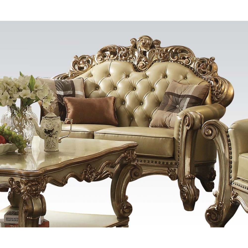 Vendome Loveseat w/3 Pillows, Bone Leatherette & Gold Patina