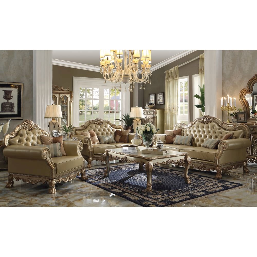 Dresden Sofa w/4 Pillows, Bone Leatherette & Gold Patina
