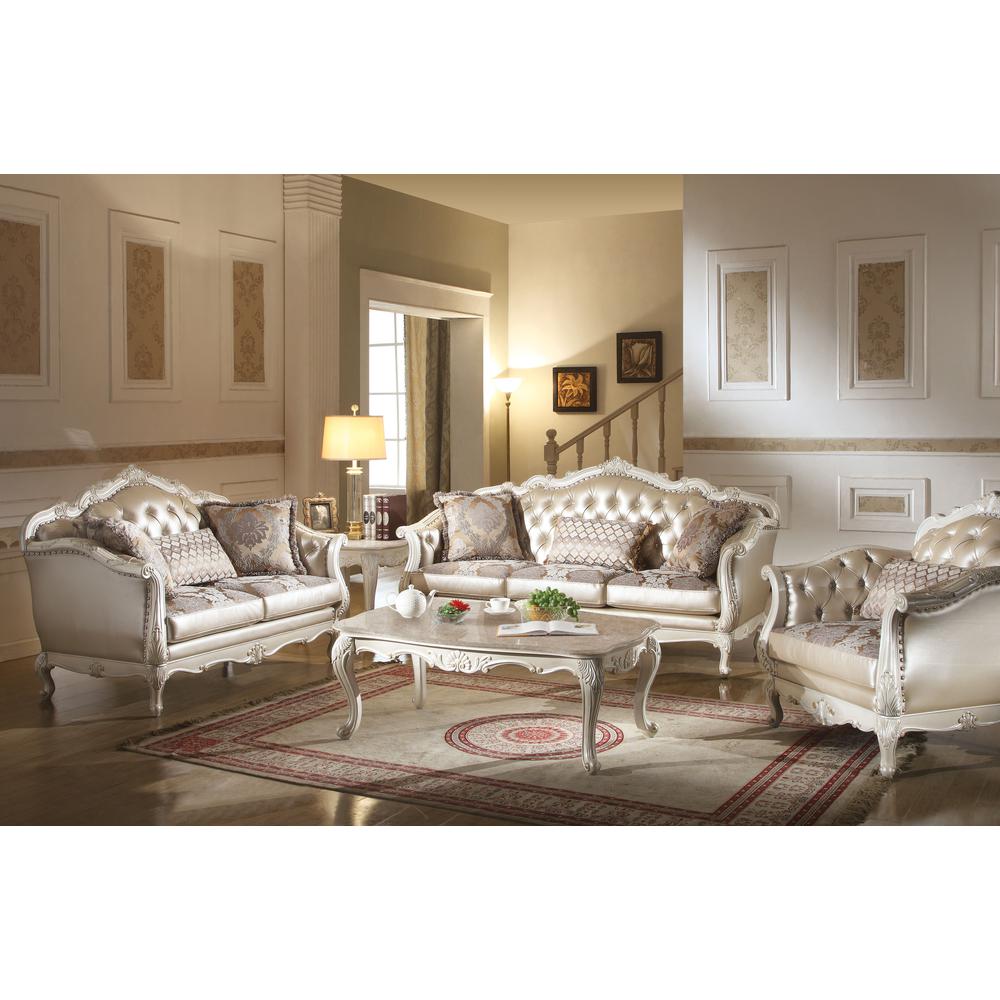 Chantelle Loveseat w/3 Pillows, Rose Gold Leatherette/Fabric & Pearl White