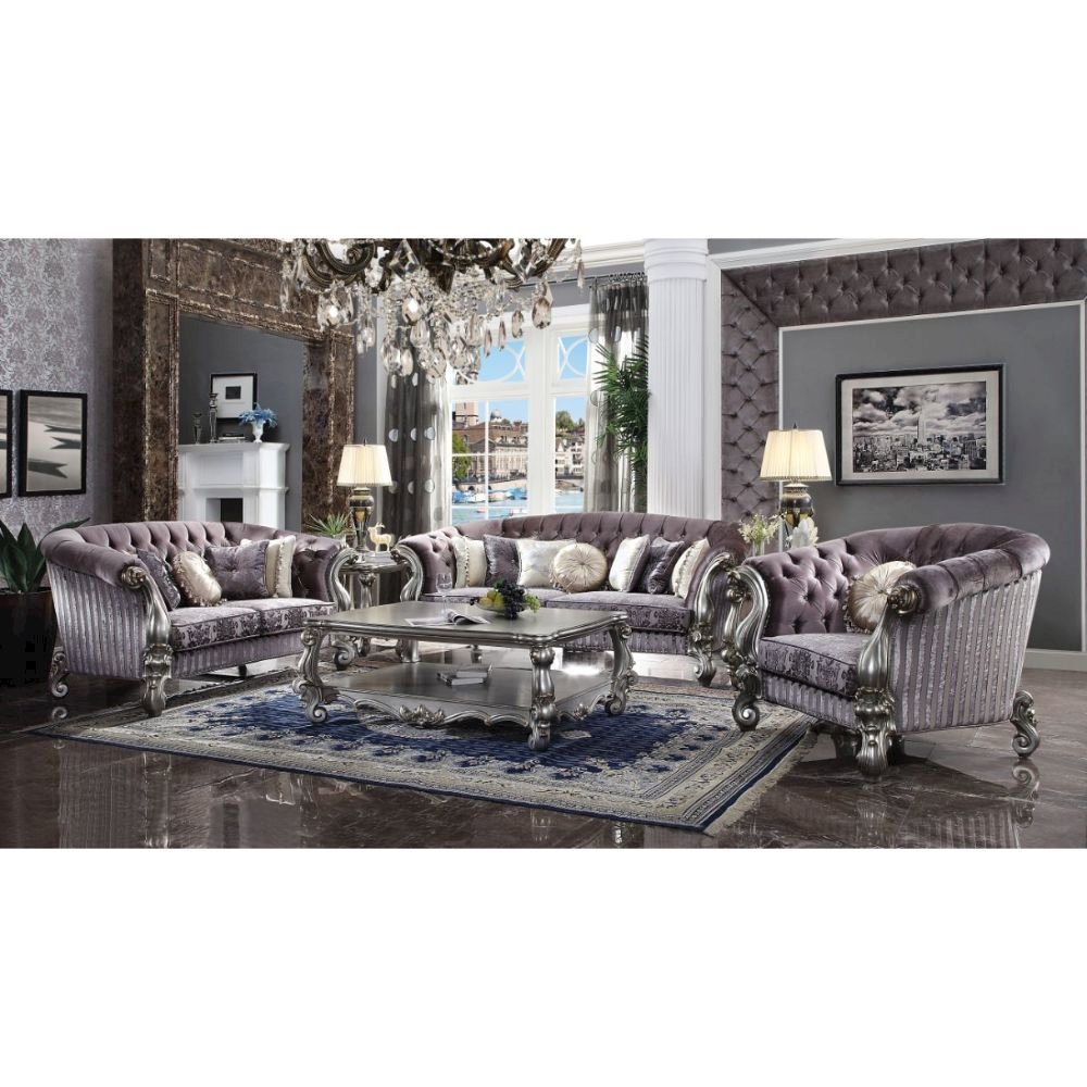 Versailles Sofa w/7 Pillows, Velvet & Antique Platinum