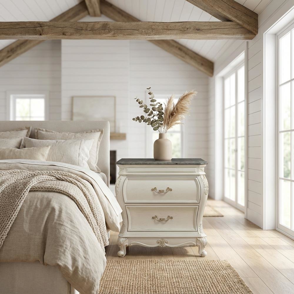 Pearl White Nightstand with Granite Top and Modern Design