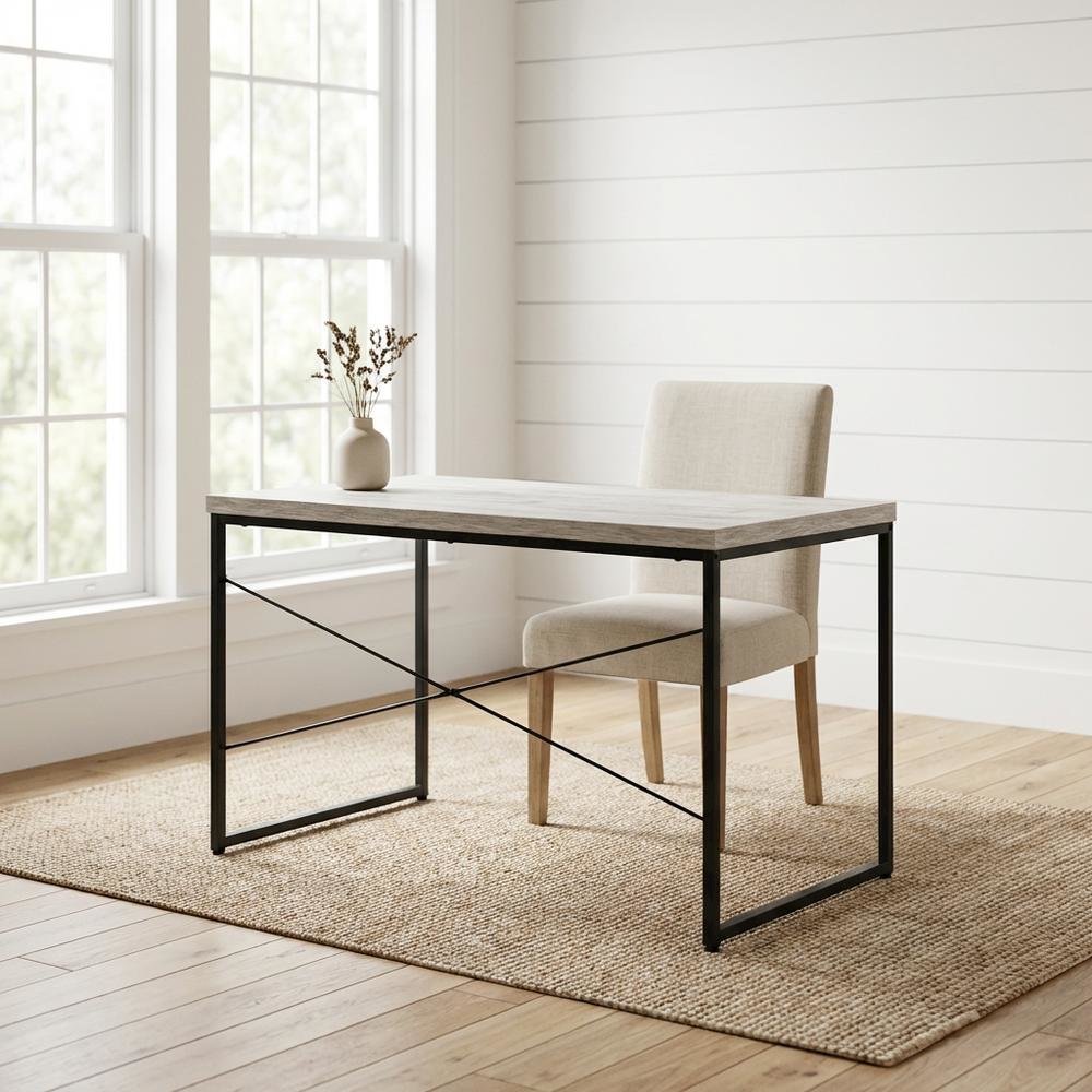 Industrial Style Office Desk With Antique White And Black Finish