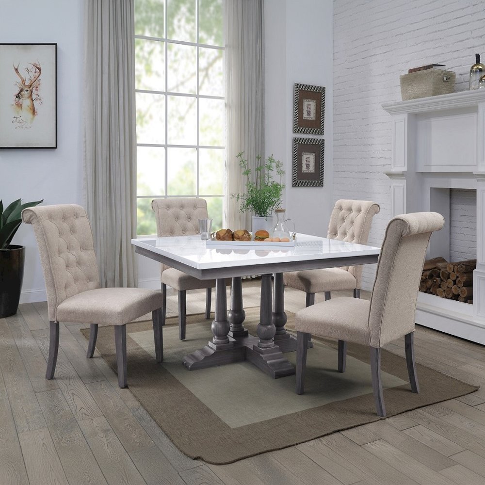 Yabeina Side Chair (Set-2), Beige Linen & Gray