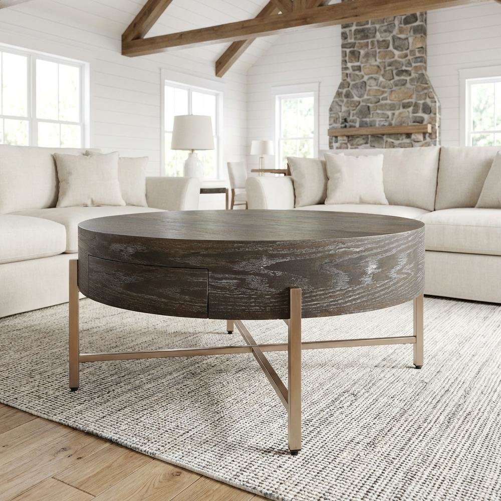 Dark Oak and Champagne Coffee Table with Metal Frame and Wood Veneer Surface