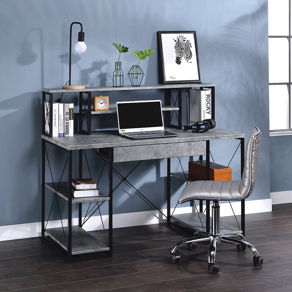 Amiel Writing Desk, Faux Concrete & Black
