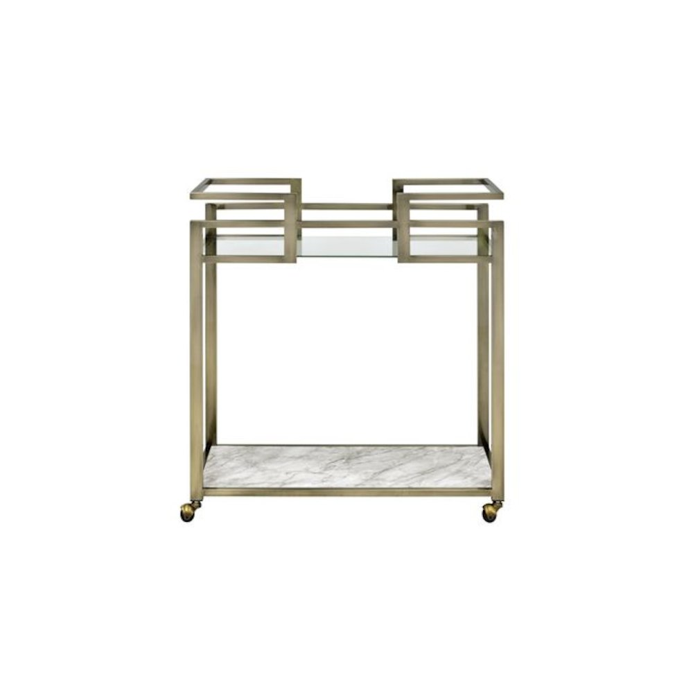 Neilo Serving Cart, Clear Glass, Faux Natural Marble Top & Wire Brass