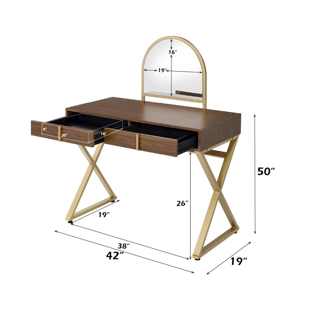 Coleen Vanity Desk w/Mirror & Jewelry Tray, Walnut & Gold