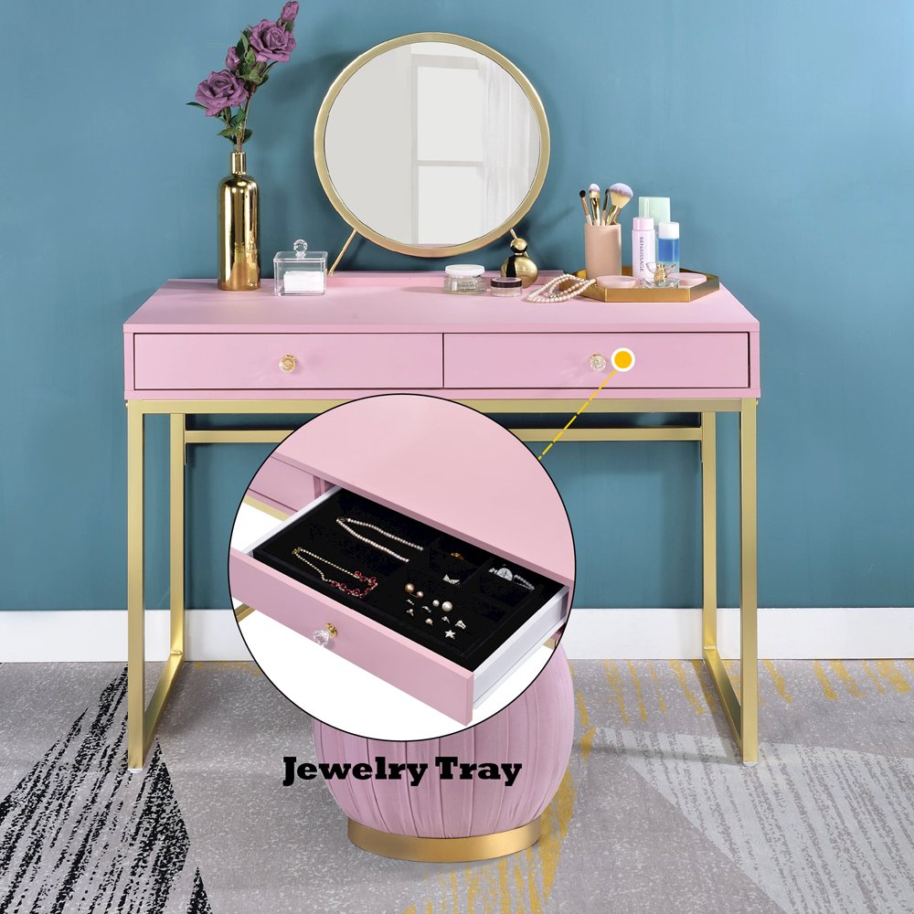 Coleen Vanity Desk w/Mirror & Jewelry Tray, Pink & Gold