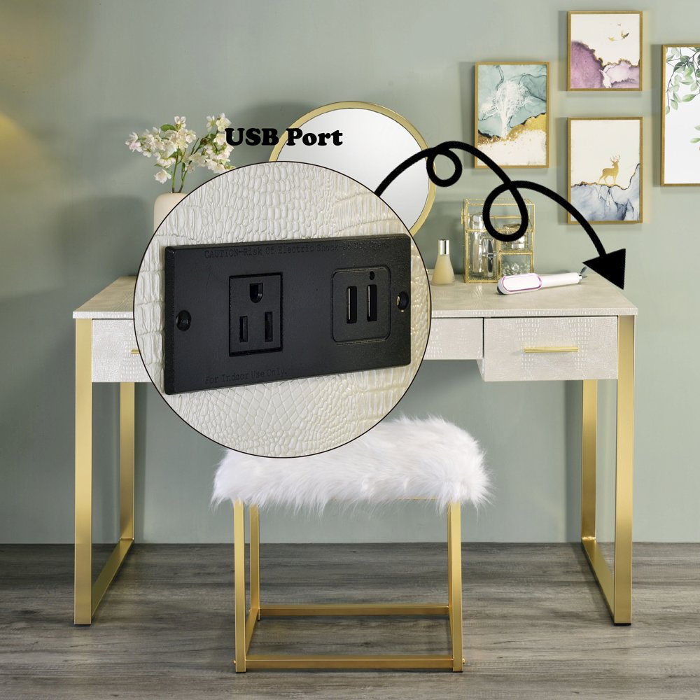 Myles Vanity Set w/USB Port, Antique White & Champagne