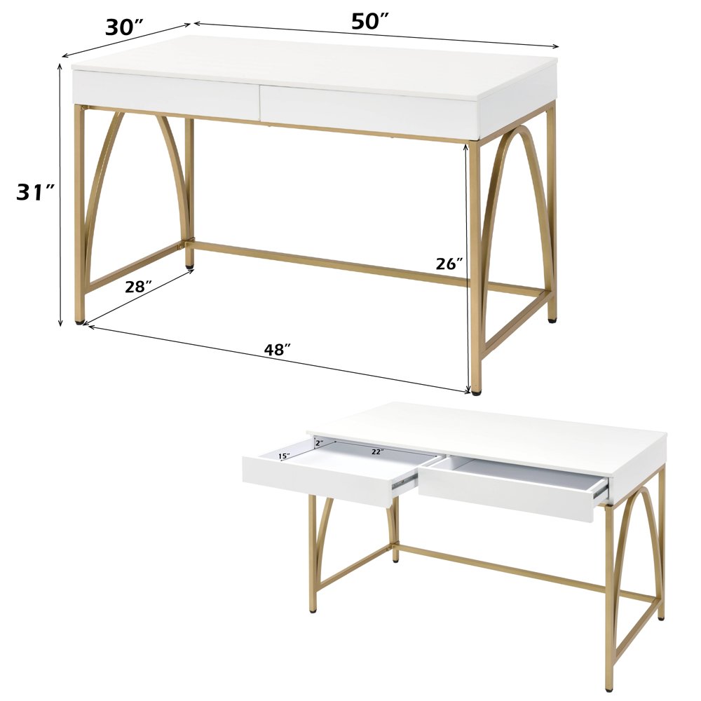 Lightmane Vanity Desk(Same 92660), White High Gloss & Gold