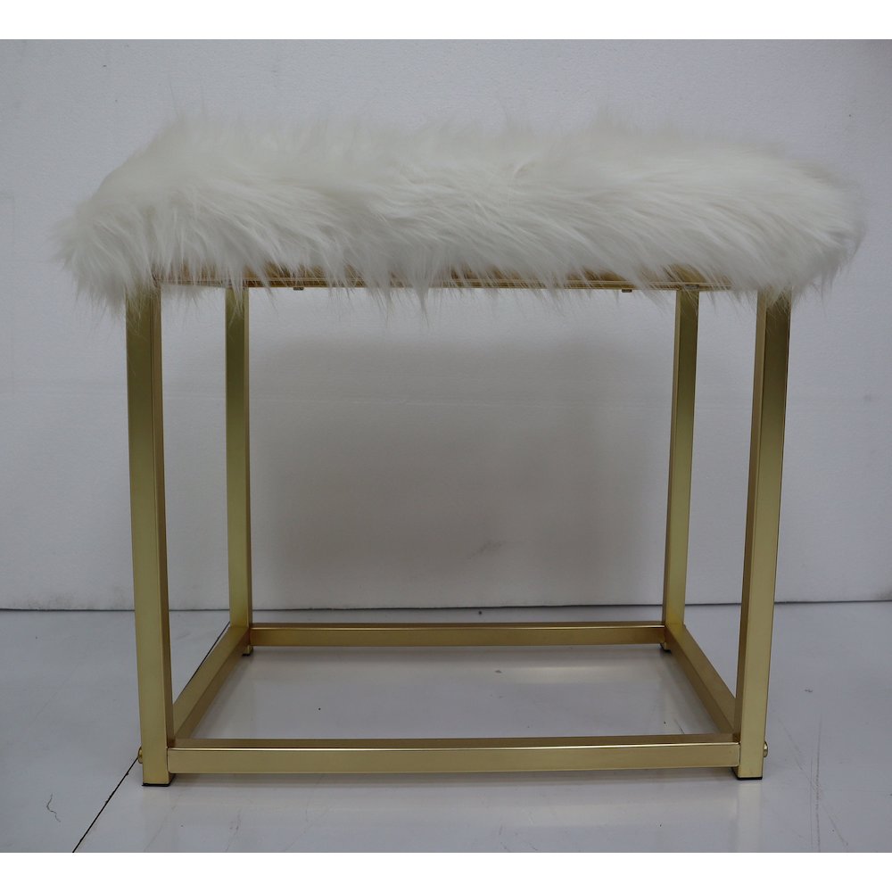 Adao Vanity Mirror & Stool, Faux Fur, Mirror, White & Brass
