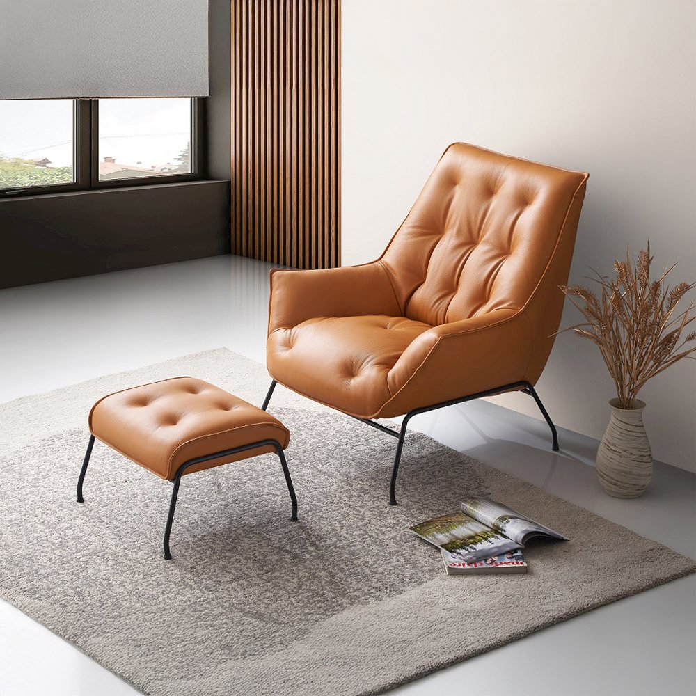 Zusa Accent Chair & Ottoman, Sandstone Top Grain Leather