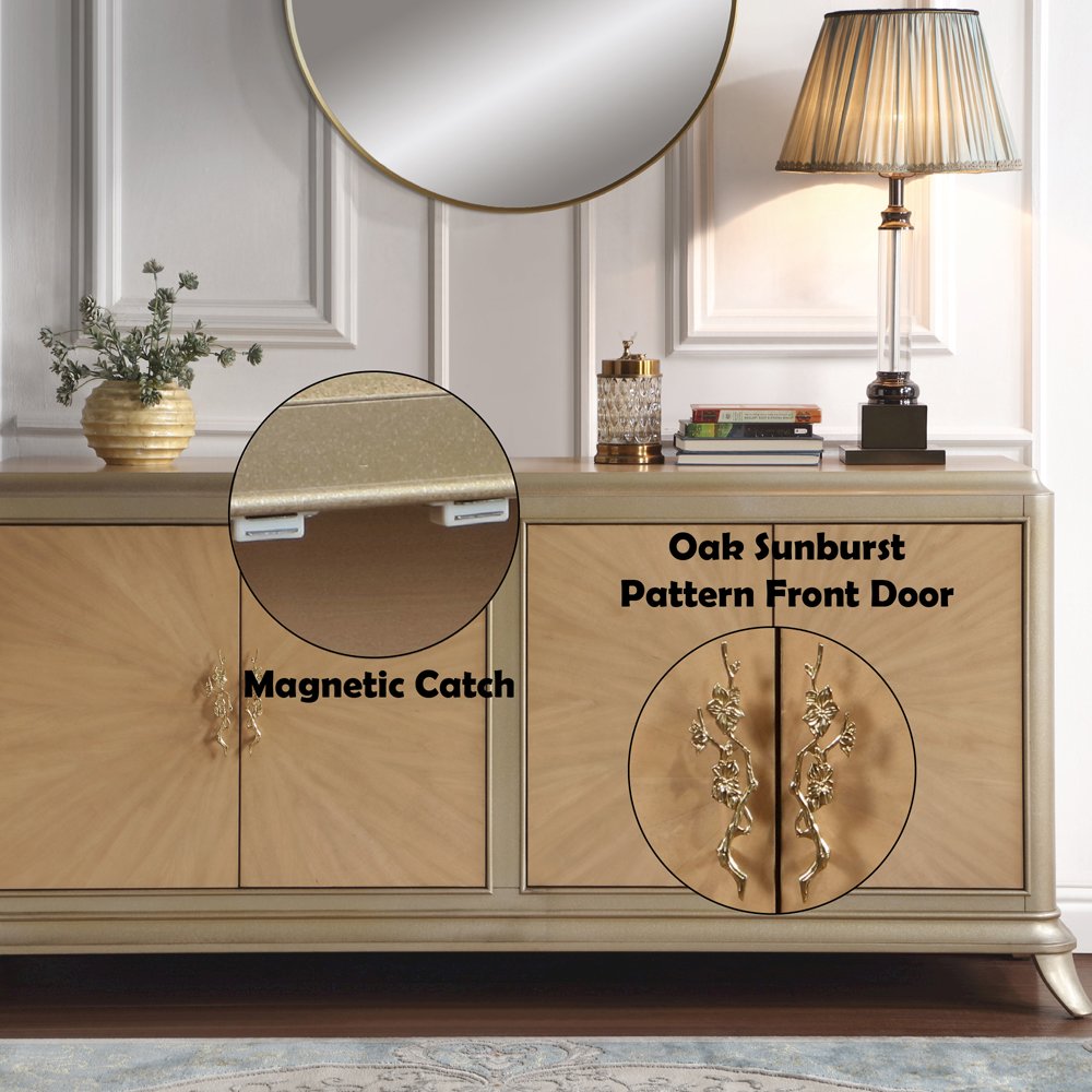 Dodie Console Cabinet, Oak Sunburst Pattern & Taupe Champagne
