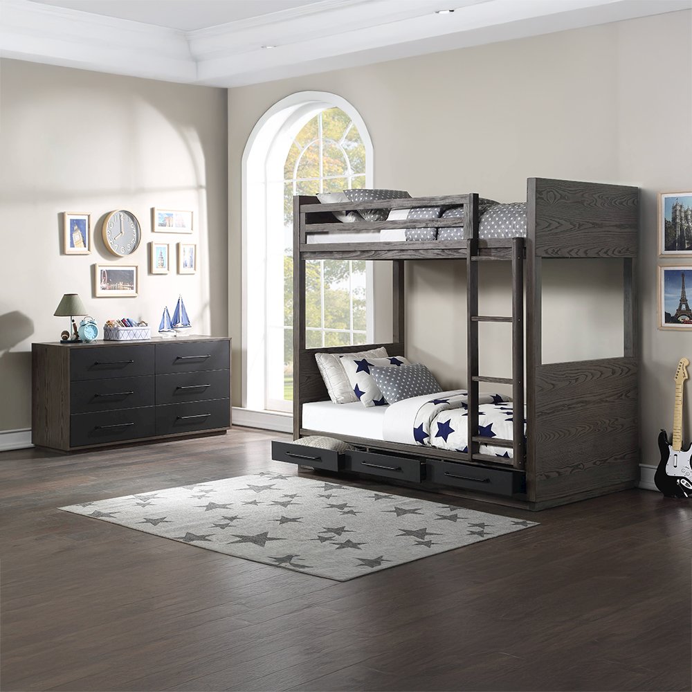 Estevon Bunk Bed (T/T) w/Storage, Gray Oak