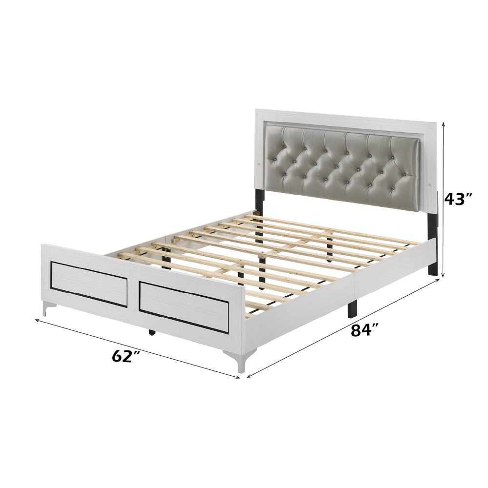 Casilda Queen Bed w/LED, Gray Leatherette & White