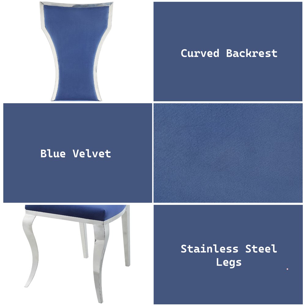 Azriel Side Chair(Set-2), Blue Velvet & Mirroed Silver