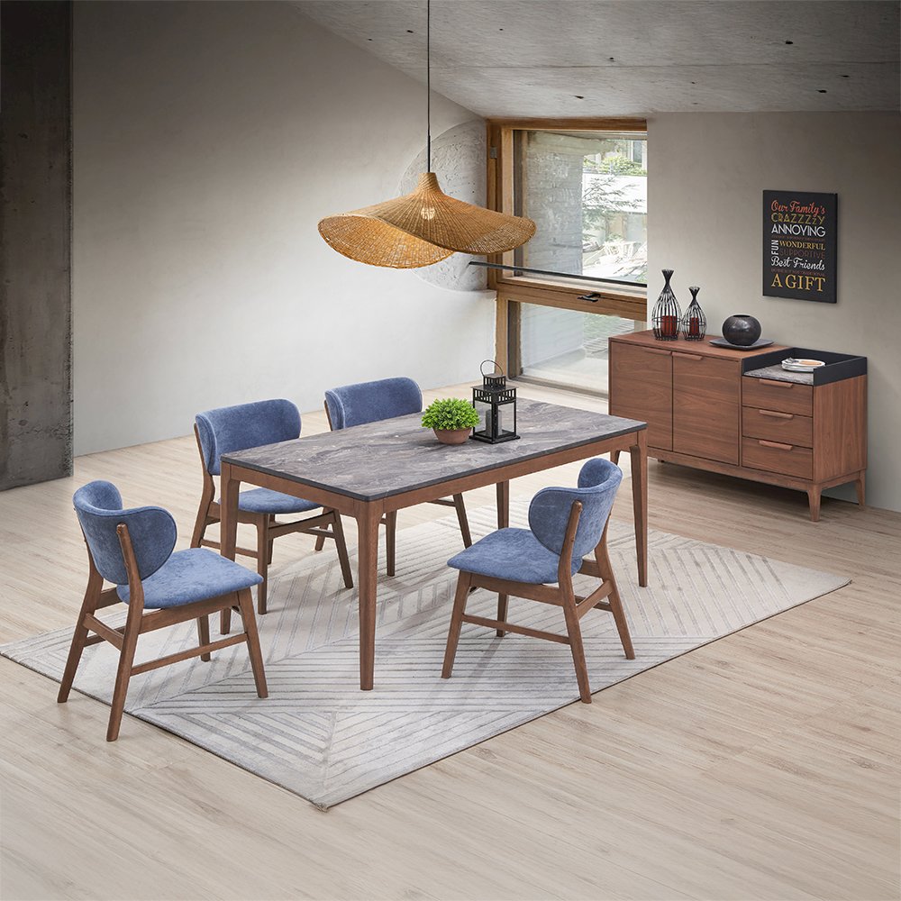 Bevis Side Chair (Set-2), Blue Fabric & Walnut